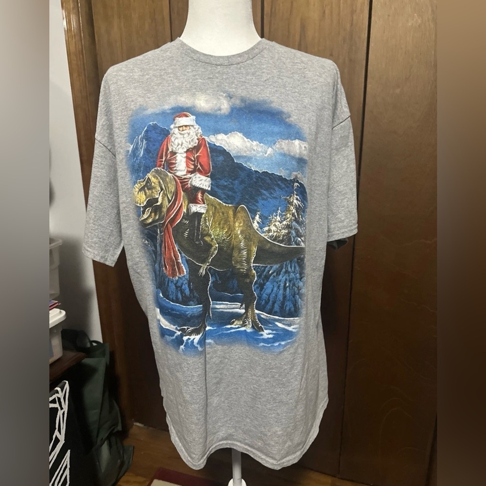 Hybrid Apparel Unisex Christmas Shirt Santa Riding A-Tee Rex Dinosaur Gray XL